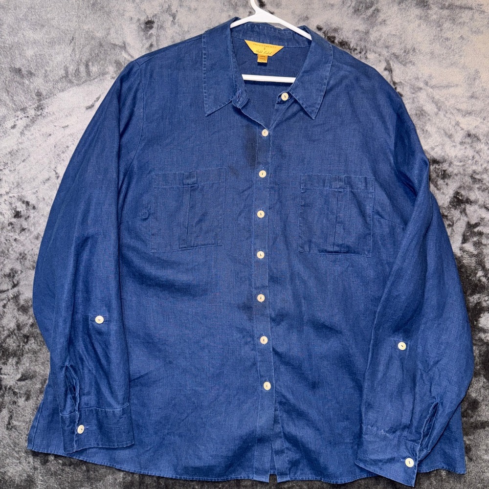 Investments Gold Label Indigo Blue Linen Blend Roll Tab Button Down Shirt 24W